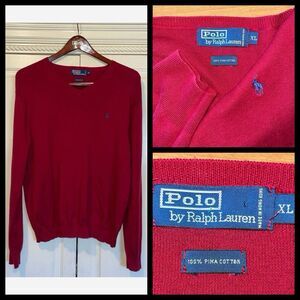 Polo Ralph Lauren Sweater‎ Men XL Red 100% Pima Cotton Soft Blue Logo Preppy